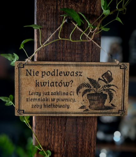 Tabliczka „Nie podlewasz kwiatów? Leszy już zaklina Ci ziemniaki w piwnicy, żeby kiełkowały”