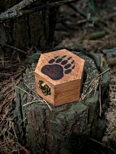 Szkatułka sześciokątna o wymiarach 7 cm × 6 cm, wysokość 4,5 cm, z grawerem łapy niedźwiedzia – motywu o silnej symbolice natury i wewnętrznej mocy.