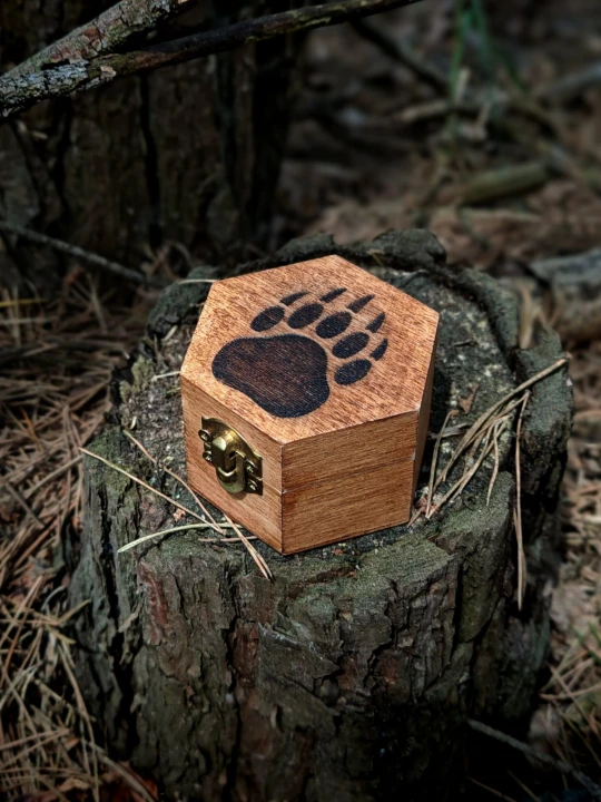 Szkatułka sześciokątna o wymiarach 7 cm × 6 cm, wysokość 4,5 cm, z grawerem łapy niedźwiedzia – motywu o silnej symbolice natury i wewnętrznej mocy.