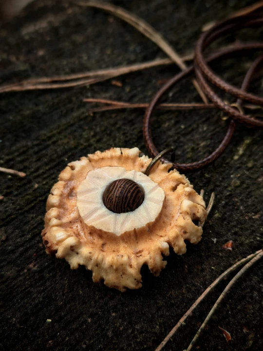 Ręcznie wykonany wisiorek z naturalnej róży poroża sarny, starannie szlifowany tak, aby podkreślić jej nieregularną, organiczną krawędź oraz jasny środek.